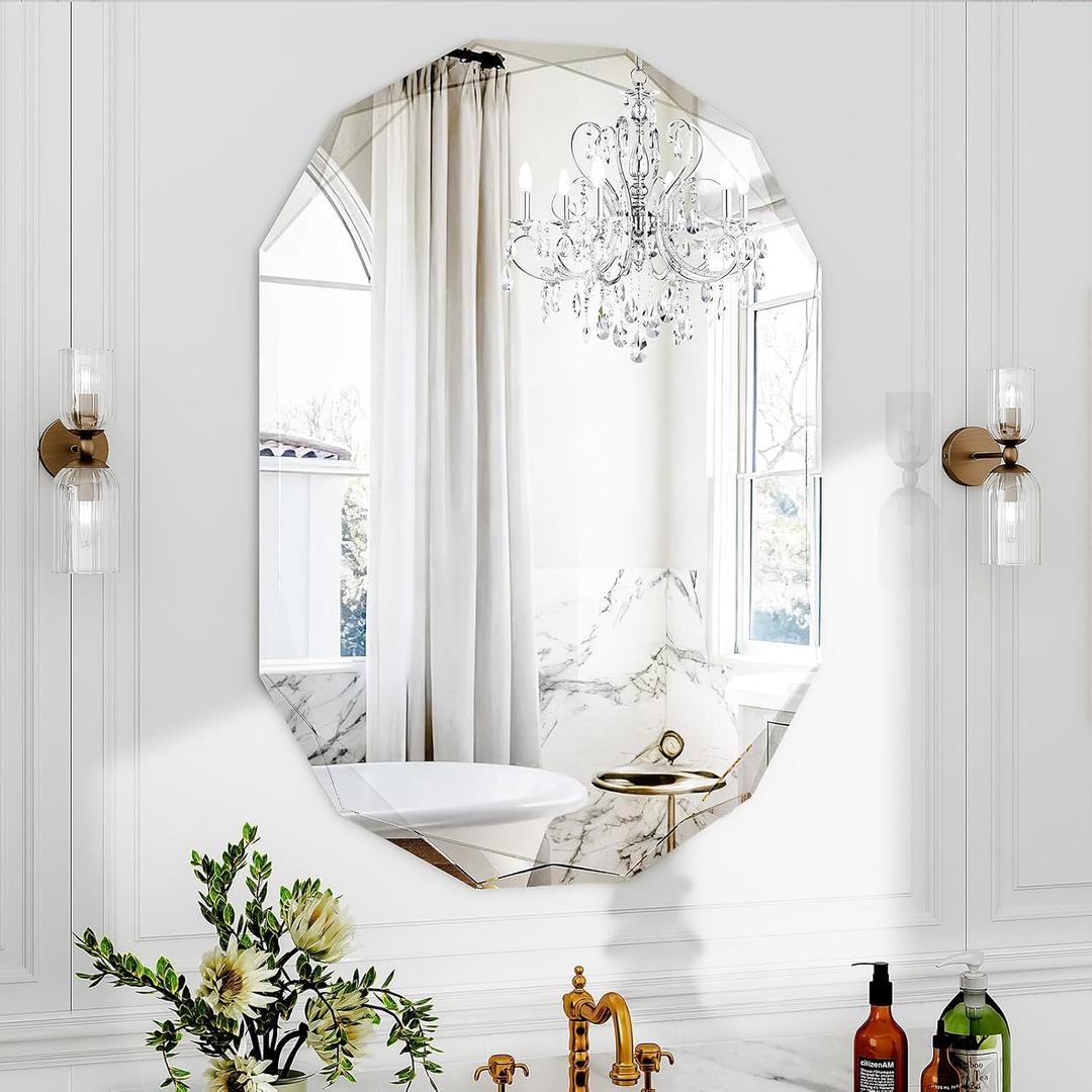 30x22 Inch Beveled Oval Bathroom Mirror, Frameless Copper-Free Silver Mirror, Modern Vanity Mirror, Decorative Wall Mirrors Over Sink for Restroom, Bedroom, Living Room, Bathroom, Entryway