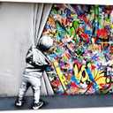 Yatsen Bridge Behind The Curtain Canvas Prints Banksy Graffiti Wall Art Paintings Pop Art Colorful Posters Stretched Pictures for Living Room Modern Home Decor Framed Ready to Hang(44''W x 28''H)