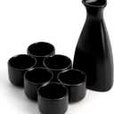 Tosnail 7 Pieces Ceramic Japanese Sake Set, 1 Serving Carafe and 6 Cups - Black