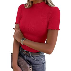 PRETTYGARDEN Short Sleeve T Shirts for Women Summer Clothes 2026 Casual Spring Tops Ruffle Mock Neck Ribbed Fitted Basic Tees (Red, Large)