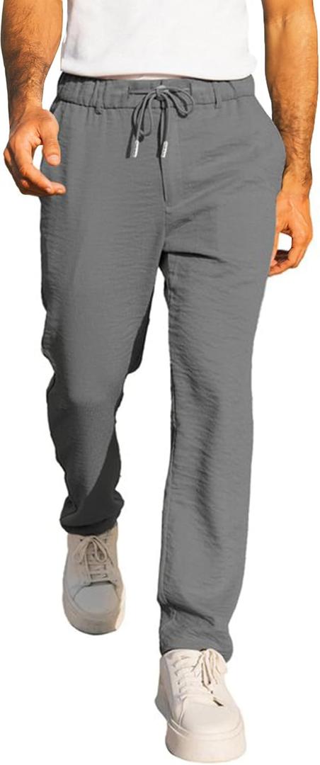 JMIERR Men's Casual Drawstring Pants Elastic Waist Lightweight Pant Summer Beach Trouser with Pockets (Gray, L)