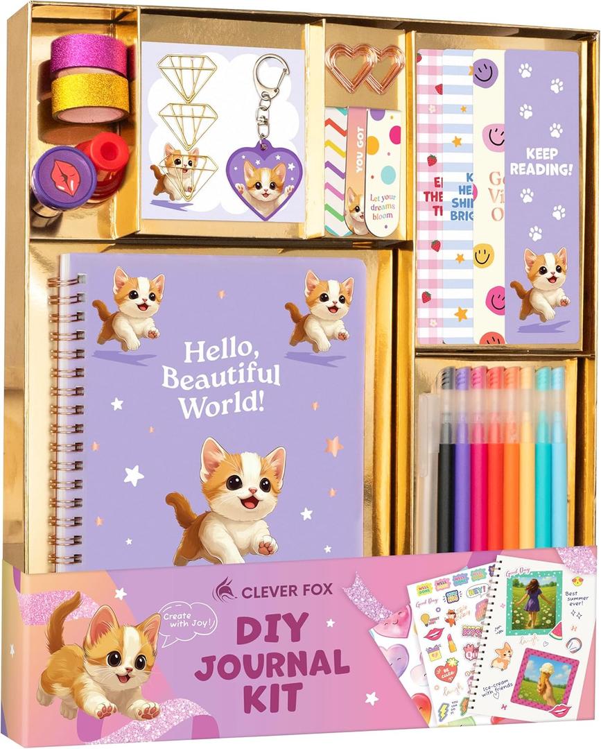 Clever Fox DIY Journal Kit for Girls  50+ Pcs Art & Craft Journaling Set for Kids & Teens  Creative Diary Writing Supplies for Teenagers  Birthday Gifts Ideas for 7 8 9 10 11 12 13 14 Year Old