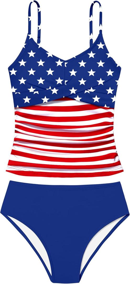Girls Swimsuit 2 Piece Bathing Suit Criss Cross Ruched Girl Tankini Sets Printed Girls' Swimwear (13-14 Years, American Flag)