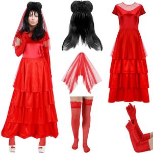 Tellingyou 5 Pcs Women Bride Costume Adult Red Gothic Wedding Dress with Veil Wig for Halloween Day of Dead (X-Large)
