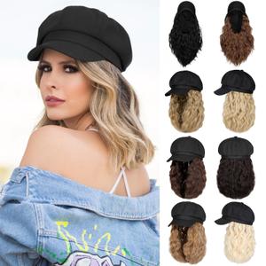 Lansigreen Newsboy Cap with Hair Extensions Short Curly Wavy Bob Hairstyle Wig Hat Beret 8 Panel Attached 14" Synthetic Hairpiece for Women Light Chestnut Brown