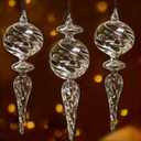 6PCS 9-Inch Hand-Blown Glass Finial Christmas Tree Hanging Ornaments  Extra Large Elegant Clear Glass Holiday Vintage Decorations  Luxury Handmade Seasonal Dcor for Tree, Mantel, Party(Clear)