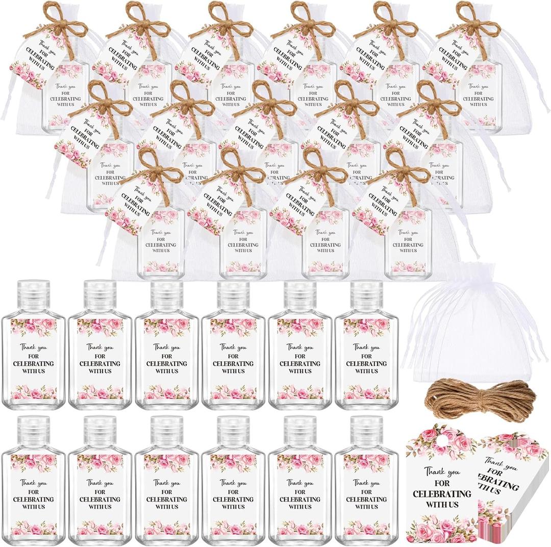 50 Sets Mini Hand Sanitizer Bottles Bulk Wedding Favors for Guests 2oz Empty Travel Size Hand Sanitizer Bottles with 50 Organza Bags Thank You Tags for Wedding Party (Flower, Pink)