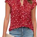 Blooming Jelly Womens Blouses Dressy Causal V Neck Pintuck Short Petal Sleeve Business Tops Ladies Summer Trendy Work Shirt (Large, Red Floral)