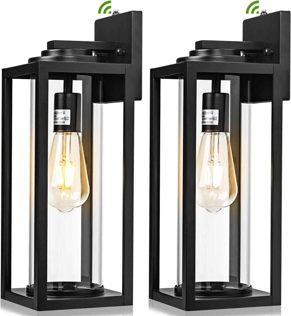 16 inch Dusk to Dawn Outdoor Wall Light - 2 Pack Exterior Waterproof Outside Lighting, Modern Porch Sconces, Wall Mounted Fixtures, Industrial Anti-Rust Matte Black Lantern for Front Door