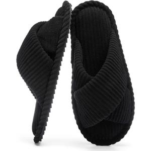 House Slippers for Women Open Toe Fuzzy Womens Slippers Indoor Outdoor Crossband with Corduroy Memory Foam Warm Gifts for Women Anti-Skid Size 11 12 Black