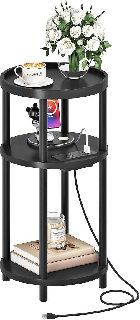 HOOBRO Small Round Side Table with Charging Station, 3-Tier Round Bamboo End Table, Compact Sofa Bedside Table for Small Space, Easy Assembly, for Living Room, Bedroom, Apartment, Black BB152UBZ01