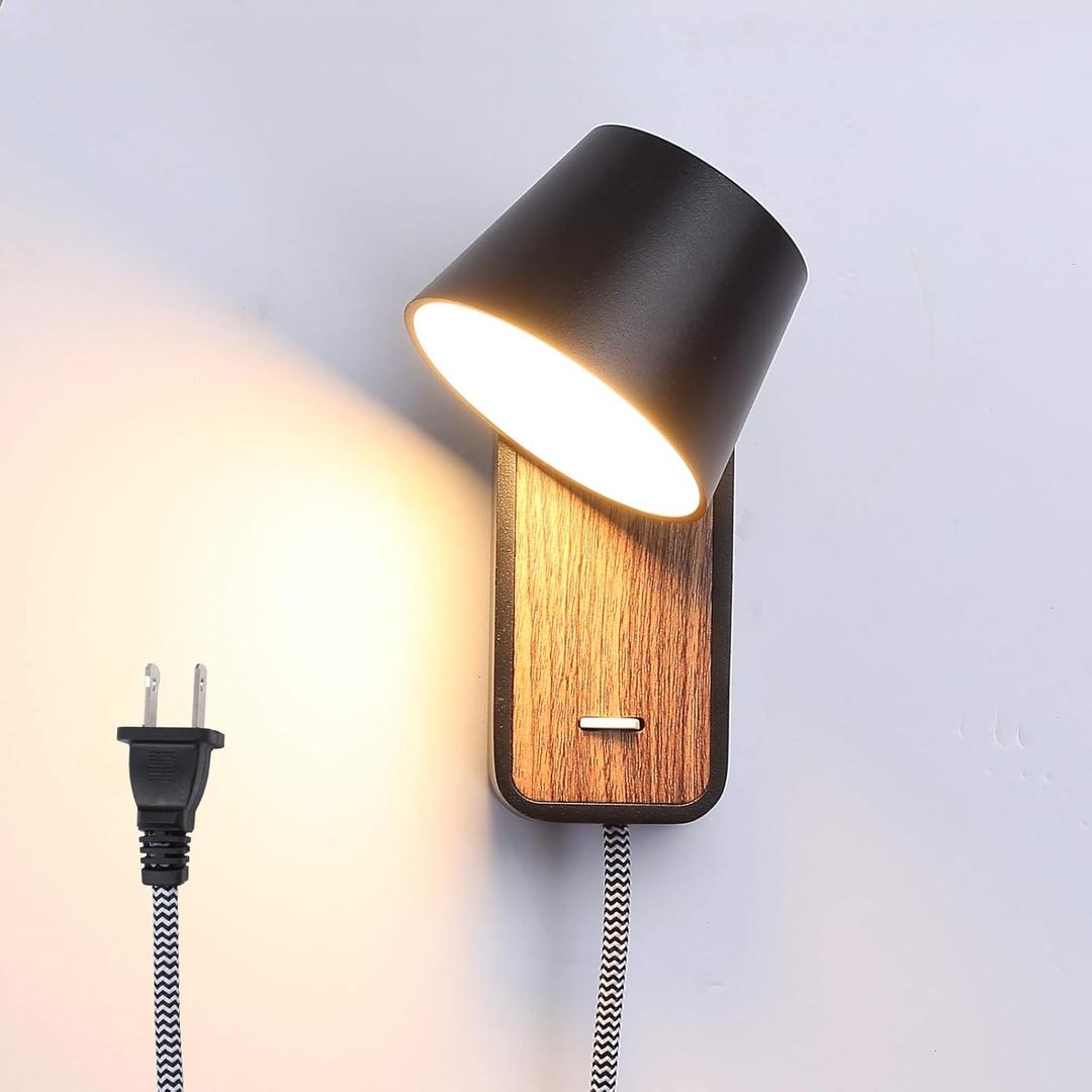 Modern Wall Lamp with Plug in Cord for Bedrooms Hallway Living Room, Indoor Contemporary Mounted Lighting Fixture,Nordic Bedside Rotatable Reading Lights, Up Down Black Wooden Sconces with Switch