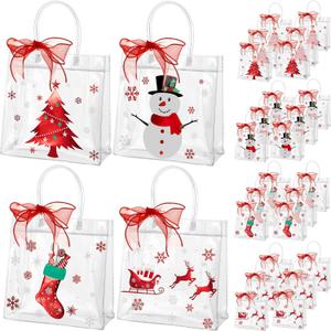Henoyso 24 Pcs Christmas Clear Gift Bags Plastic Candy Treat Goodie Bags Red Foil Santa PVC Wrap Totes with Handles and Ribbon Xmas Party Favors (Red Christmas, 7.8 x 7.8 x 3.1 Inch)