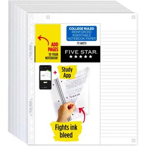 Five Star Insertable Loose Leaf Paper + Study App, 6 Pack, Notebook Paper, College Ruled to Add Pages, Reinforced, 8.5 x 11, 75 Sheets per Pack (170015)