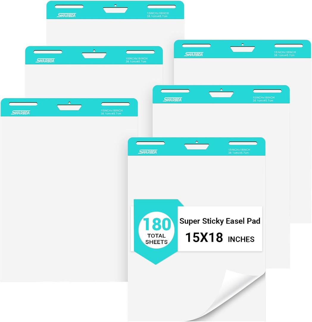 Sticky Mini Easel Pad, 15 x 18 Inches, Self Stick Flip Chart Paper,Sticky Chart Paper for Teachers, Anchor Chart Paper for Office, 30 Sheets/Pad,6 Pads