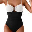 Eomenie One Piece Swimsuit for Women Tummy Control Ruched Bathing Suit Cutout U Wire Swim Suits (Medium, Black White Block)