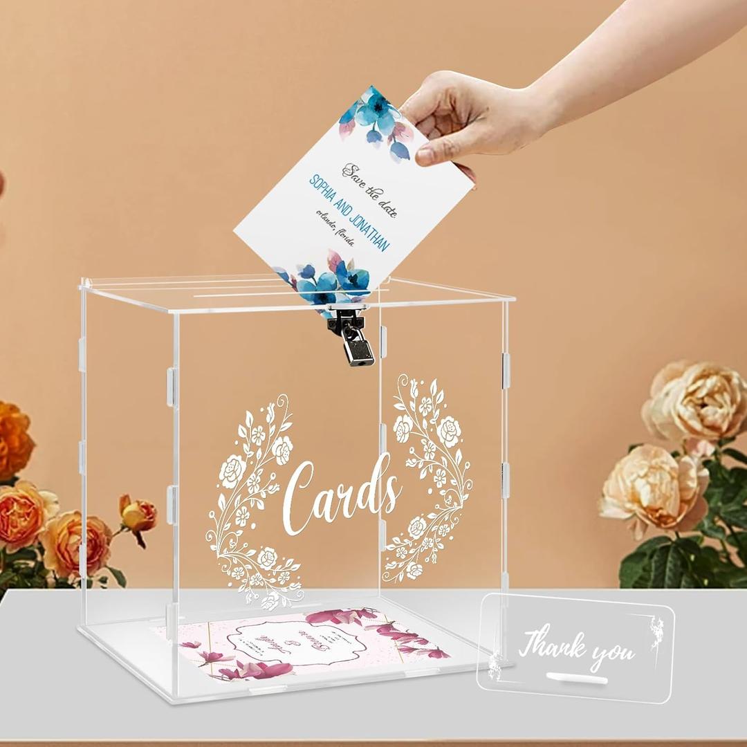 Dezzer Acrylic Wedding Card Box with Sign, Large Clear Acrylic Card Box with Lock for Wedding Reception Anniversary Shower Birthday Party Events Decorations