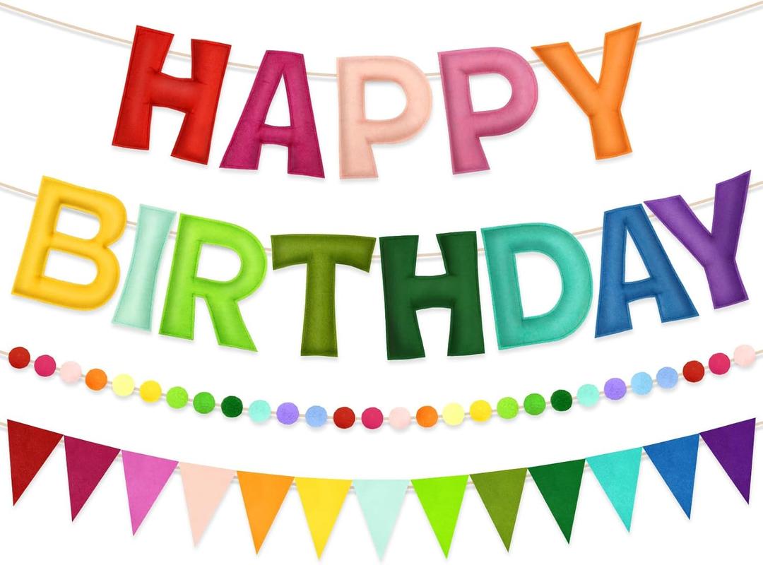 Pre-Strung Happy Birthday Banner - Felt Ball Garland Happy Birthday Decorations Sign,Rainbow Colorful Party Decor for Women Men Kids