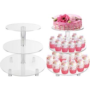 3 Tiers Round Cupcake Stand, Acrylic Cake Tower Stand Holder Macaron Display Rack Cookie Candy Buffet Desserts Platter with Base for Baby Shower, Birthday Party, Wedding, Party (3-Tiers with Base)