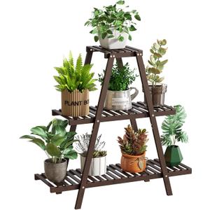 GHWIE Plant Stand Indoor Plant Shelf Outdoor bamboo Plant Rack, 3 Tiers Ladder Plant Holder Flower Stand for Living Room Balcony Garden Patio,Living Room Boho Home Decor for Gardening Gifts (Brown)