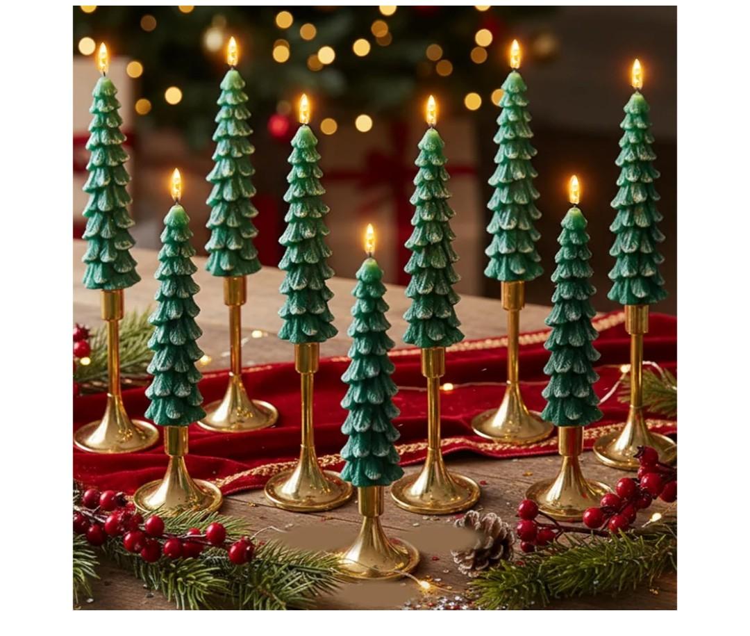 9 Sets Flameless Christmas Tree Taper Candles with Holders Remote Christmas Tree LED Candles AAA Battery Operated Flickering Candlesticks for Table Home Decor (No Battery)(Green, White)