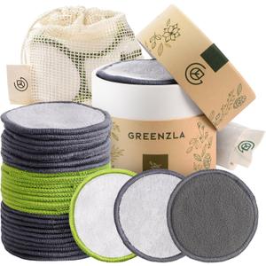 Greenzla Reusable Makeup Remover Pads, Washable Bamboo Cotton Rounds with Mesh Laundry Bag, Travel Pouch, Pad Holder - Reusable Cotton Rounds for All Skin Types - Perfect for Face Care, 30 Pack (Multi-color)