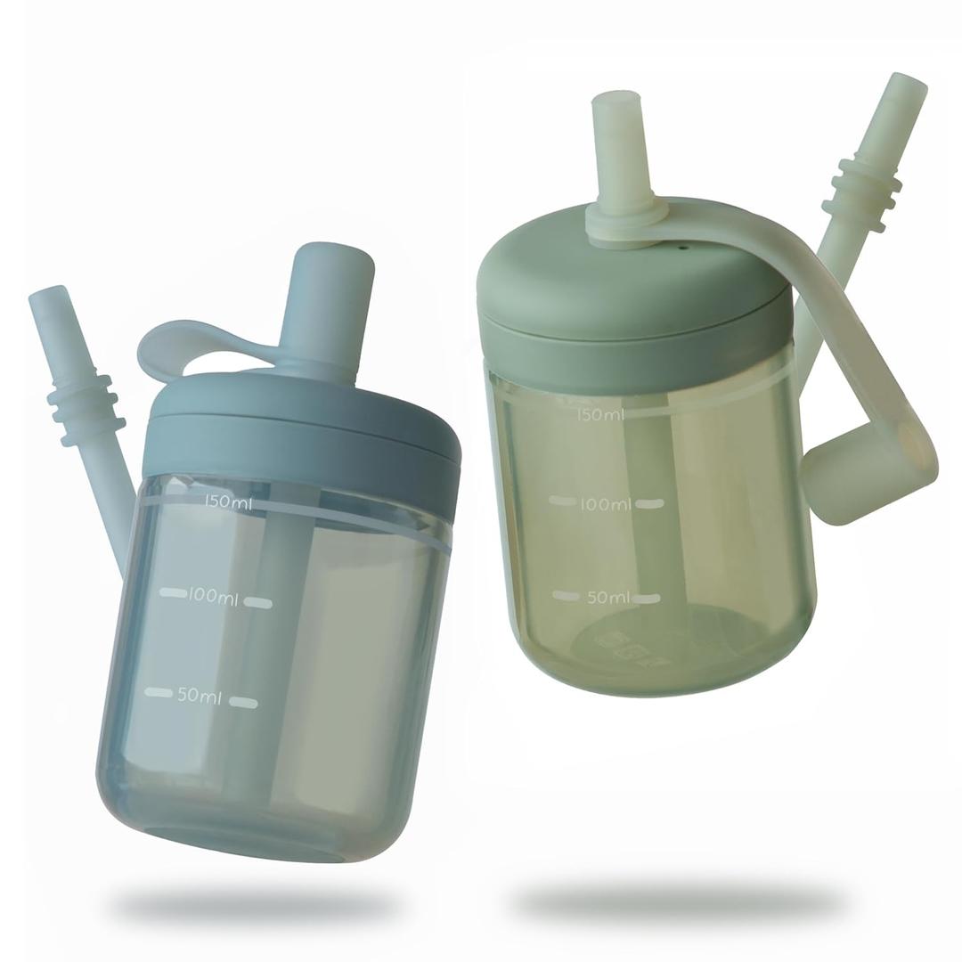 Moonkie Baby Straw cup | Silicone Toddler Sippy Cup Training Cup with Straw Lid | BPA-Free Drop-Proof Baby Cup | Led Weaning | 6 Months+, 5 oz, 2pack (A-Sage/Ether)