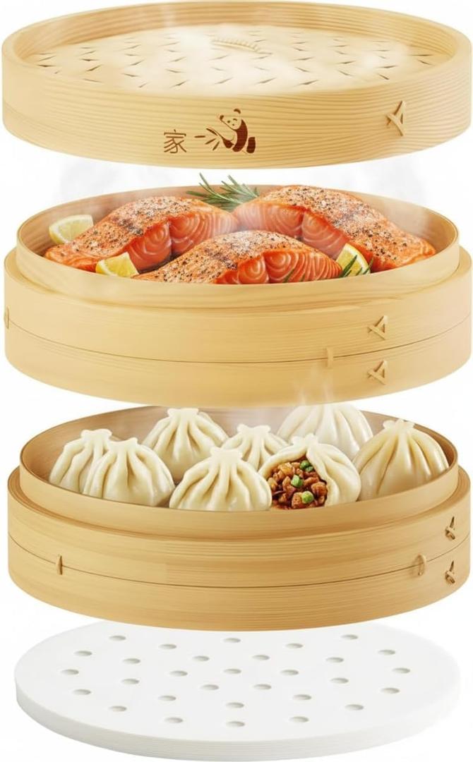 Prime Home Direct Bamboo Steamer Basket 12-Inch | 2-Tier | 100% Organic Bamboo | Complete Kit: 50 Liners, Chopsticks & Ceramic Sauce Dish | Steam Dumplings, Bao Buns, Dim Sum, Vegetables
