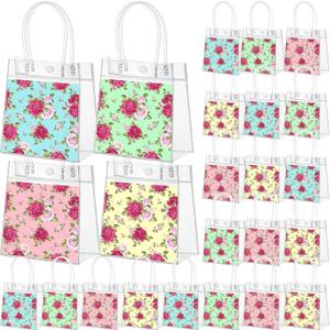 Gilprop 24 Pcs Small Rose Floral Clear PVC Gift Bags with Handles 5.9x6.3x2.76'' Transparent Mini Favor Bags, Reusable Treat Tote for Tea Party, Bridal Shower, Wedding Guests