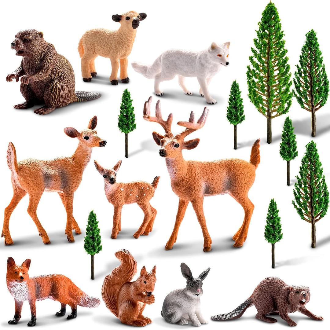 Sumind 18 Pcs Forest Animals Figurines Woodland Animals Toys Model Trees Kit Miniature Plastic Toys Realistic Wild Forest for Cake Toppers Birthday Party Favor(Forest Animals)