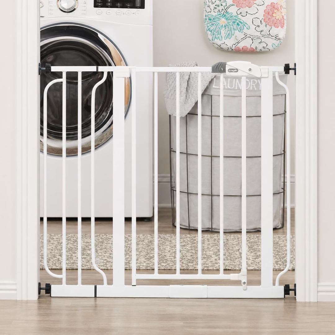 Regalo Safety 29-38.5" Baby Gate for Doorways & Bottom of Stairs, Pressure Mounted Baby Gate with Door for Babies, Toddlers & Pets, Tested & Safe for 30 Years, American Designed, American Owned, White