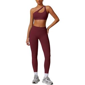 ABOCIW Women Workout Sets Seamless High Waist Scrunch Butt Lifting Gym Leggings Cutout One Shoulder Sports Bra (Small, Burgendy Red)