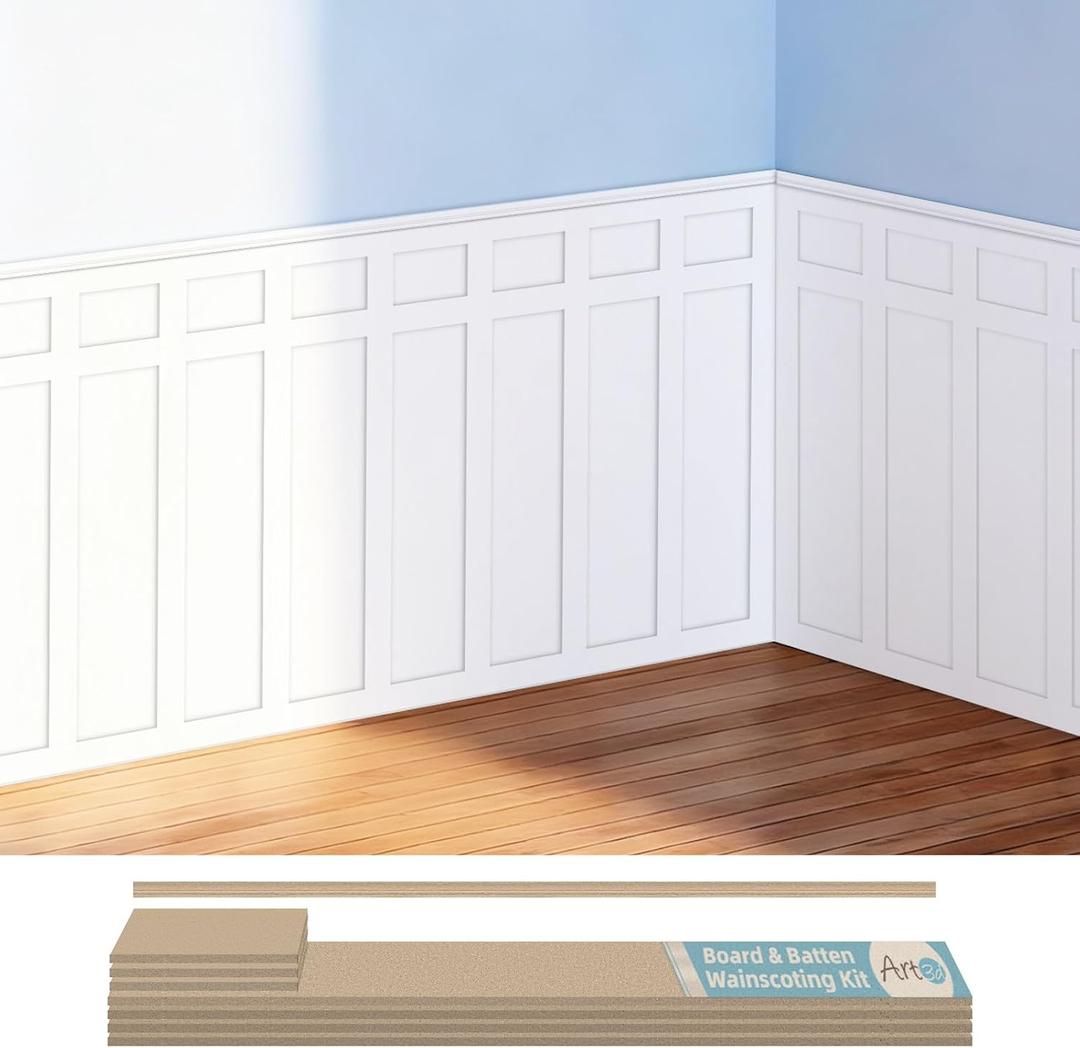 Art3d Premade Board and Batten Paintable Wainscoting Kit Covers 94.5 x 54 in., Precut MDF Accent Wall Panel for Living Room Hallway Bedroom Home Decor, Molding Trim Slat with Edge Strip