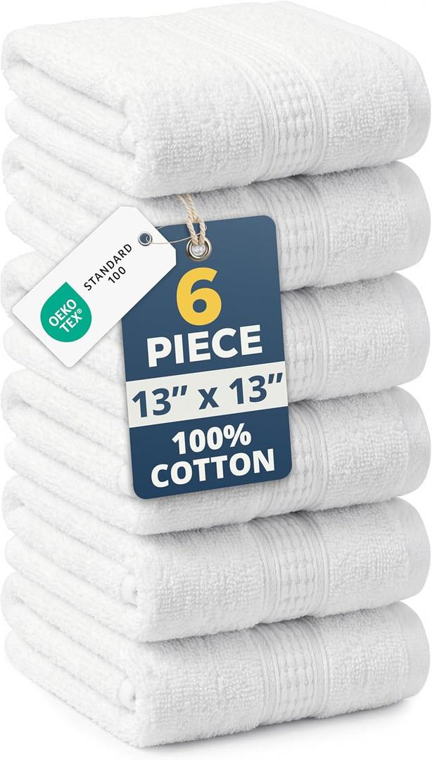 LANE LINEN 6 PC Wash Cloths Bathroom Set -100% Cotton Highly Absorbent Washcloths Bulk, Premium Spa & Hotel Quality Wash Clothes - White