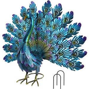 YEAHOME Garden Decor Outdoor Statues, 22.4" Large Metal Peacock Standing Yard Art, Blue Green Bird Lawn Sculptures Garden Decor for Outside Patio Porch Backyard