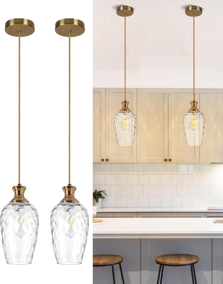 2 Pack Farmhouse Pendant Lights, Modern Hanging Ceiling Lights with Hammered Glass in Brushed Brass Gold for Dining Room Kitchen Island Over Table