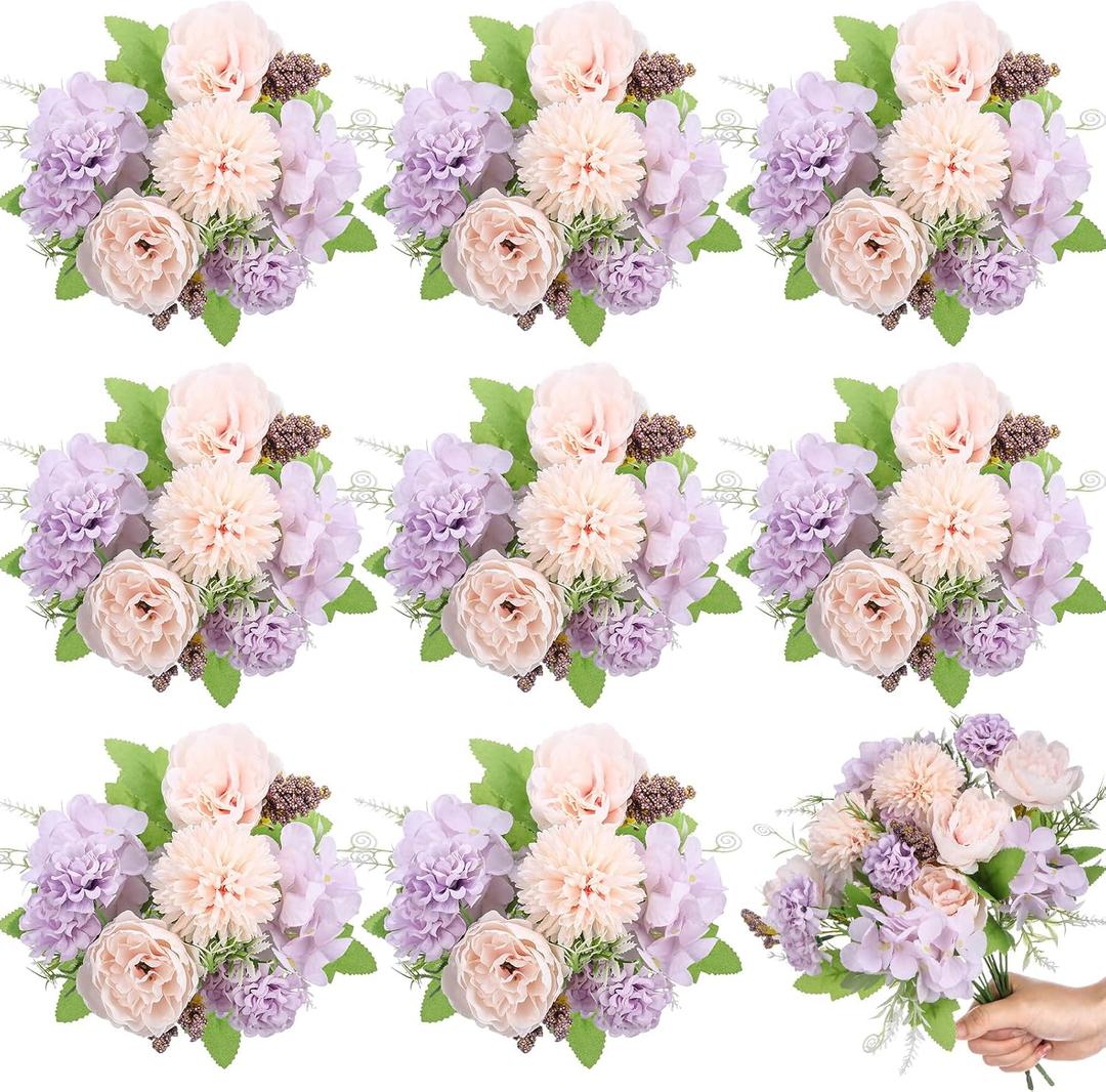 Lyrow 8 Pcs Peony Artificial Flowers Fake Silk Hydrangea Bouquet Elegant Peony Flowers for Wedding Decoration Faux Realistic Floral for Home Party Table Centerpieces Arrangement (Pink,Purple)