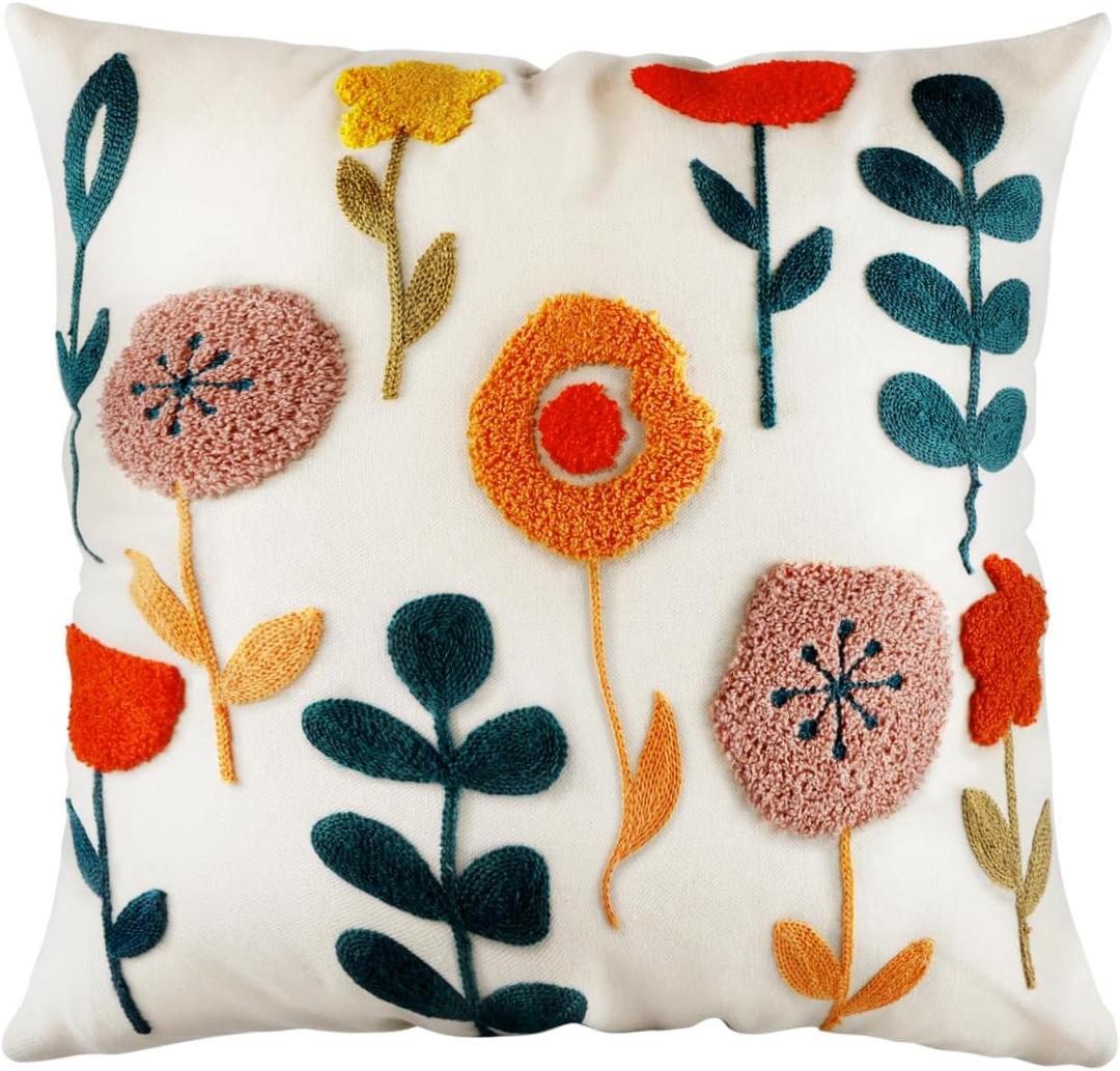 Embroidered Throw Pillow Cover - 20x20 Decorative Pillow Cover with Zipper Aesthetic Cute Design Boho Spring Summer Cozy Throw Pillowcase for Living Room Couch Sofa Bed, Plants