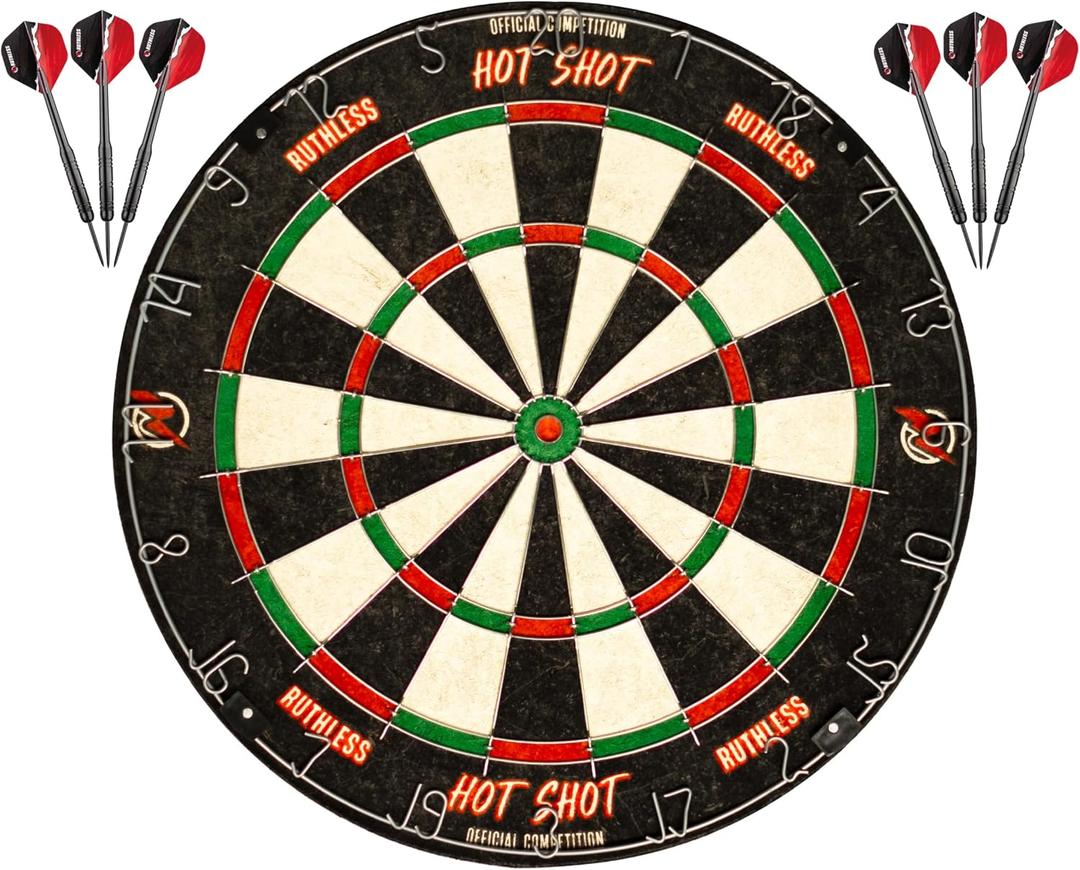 Ruthless Hot Shot Dart Board | Endurance Round Wire Sisal Dartboard Set Including 2 sets of Steel Tip Darts, Product Dimensions 17.72"W x 17.72"H