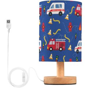 Fire Truck Lamp for Boys Room Cartoon LED Night Light with Non-Slip Base, USB Charging Soft Glow Ambulance Firefighter Blue Table Lamp for Kids Bedroom Nursery No Bulb Needed