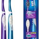 BrightWorks Sonic Battery Powered Toothbrush (2-Pack) (Blue/Purple) Soft Multi-Level Bristles for Whole Mouth, Vibrating Bristles Deep Clean, with Whitening Pads and Tongue Cleaner.