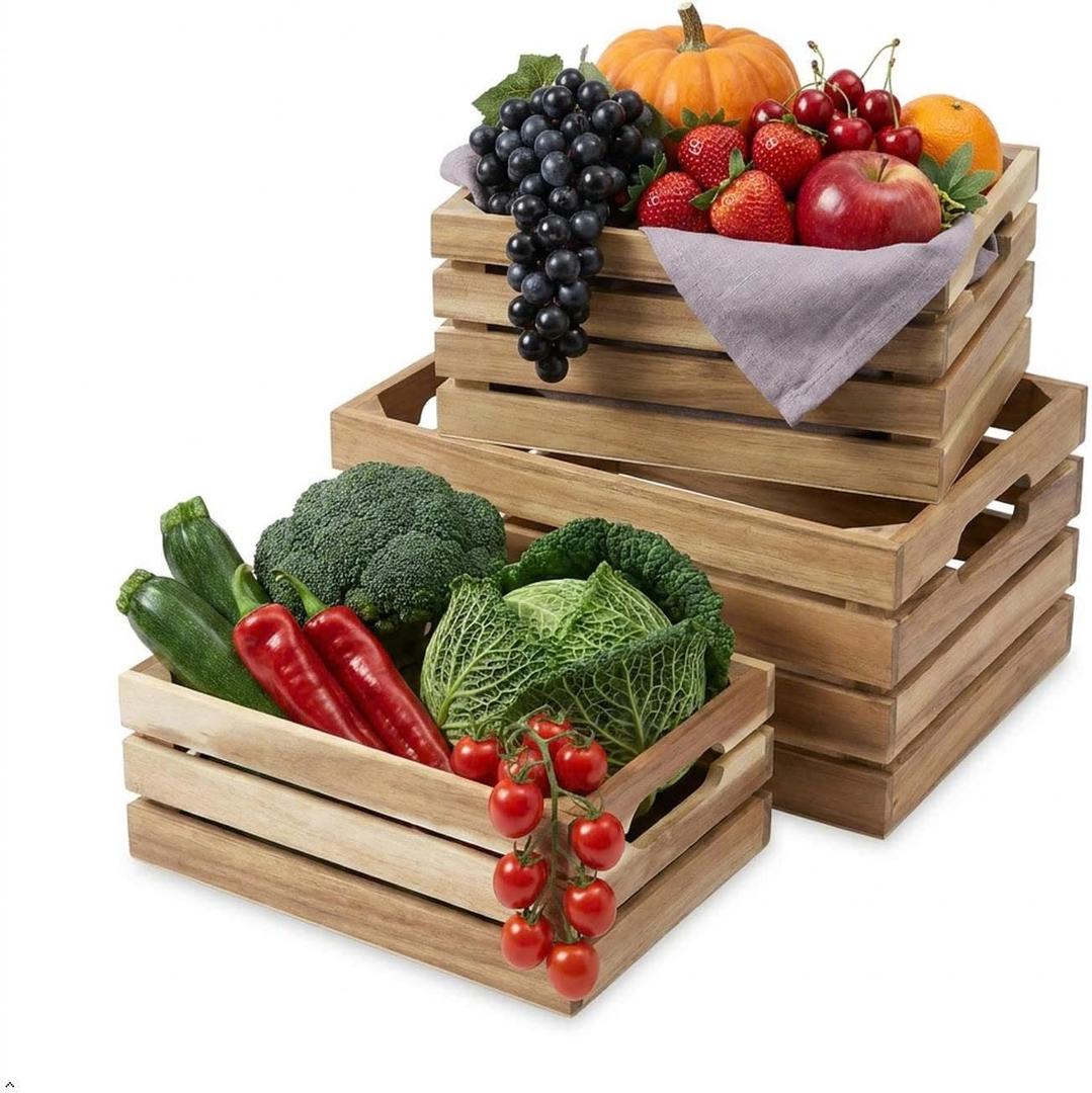 Nesting Wood Storage Crates (Set of 3) - Light Natural Acacia Wood Stackable Wooden Boxes for Storage & Organization - Decorative Wooden Basket Set for Fruits, Shelving & Home Decor