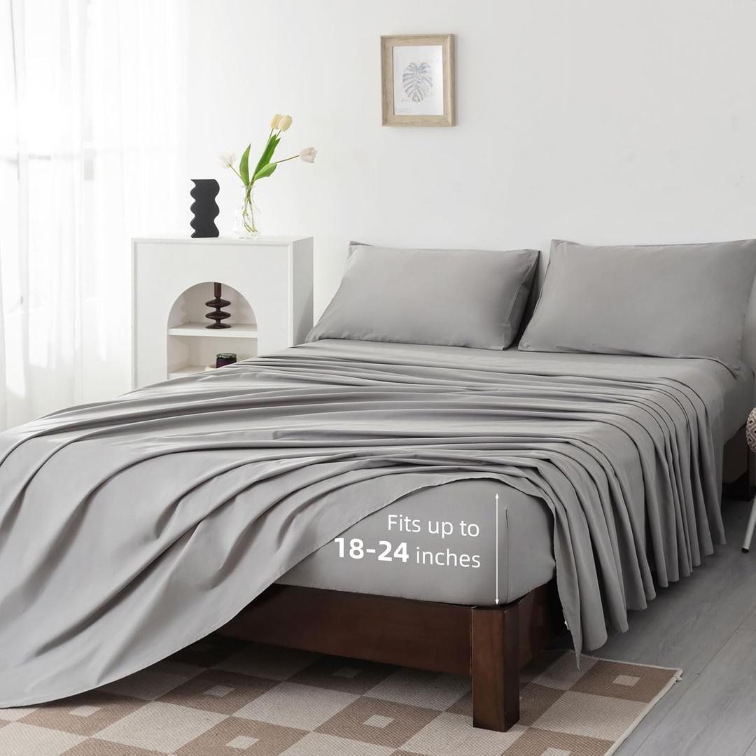 Levoo 100% Egyptian Cotton Sheets King Size Set 18"-24" Extra Deep Pocket King Sheets Set Soft Breathable Cooling 4Pcs Bed Sheets with 1 Flat Sheet, 1 Fitted Sheet, 2 Pillowcases (King, Light Gray)