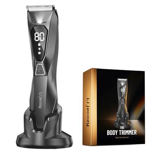 Lijecozy Body Hair & Pubic Hair Trimmer for Men - Electric Ball Shaver with LED Light & Display, Waterproof Wet/Dry Groomer Kit with Wireless Charging & 3 Combs, Ceramic Blade Technology