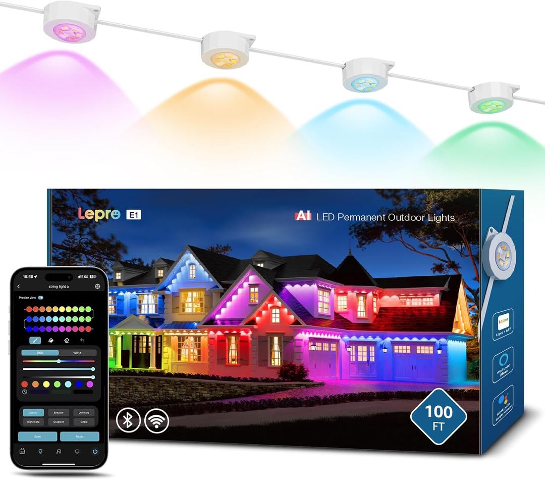 Lepro E1 AI Permanent Outdoor Lights APP Control, 100ft Smart RGB+IC Christmas House Lights with 60 Warm/Cool White LED Pucks, Alexa Google Enabled, AI Generated Lighting LLM, NO Remote, 2.4 GHz WiFi
