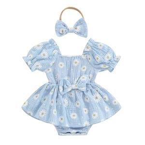 Baby Girls Floral Leotard Romper Newborn Daisy Playsuits Ruffled Sleeve Onesie Infant Jumpsuit Clothes Headband (A Blue, 6-12 Months)