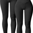 OQQ Women's 2 Piece Yoga Leggings Ribbed Seamless Workout High Waist Cross Over Athletic Exercise Leggings (Medium, black)