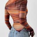 PRETTYGARDEN Womens Fall Trendy Off Shoulder Y2k Tops 2026 Tie Dye Mesh Long Sleeve Shirts Asymmetrical Ruched Floral Blouse, XL