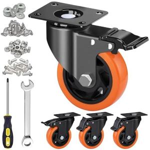 MSH&HCE 4 Inch Caster Wheels, Heavy Duty Break Casters Set of 4 Locking Casters Swivel Polyurethane(PU) Industrial Wheels, Quiet Caster Wheel for Cart Furniture and Workbench (Two Hardware Included)