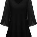 Bebonnie Womens Ruffle 3/4 Sleeve V Neck Double Layers Mesh Blouses Loose Fit Flowy Tunic Tops (Black) 3XL